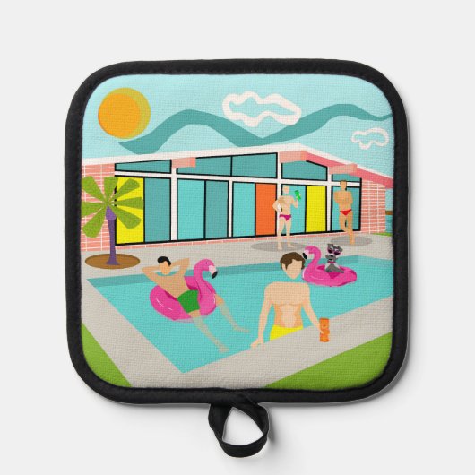 Retro Gay Roze Flamingo Pool Party Pannenlap (Voorkant)