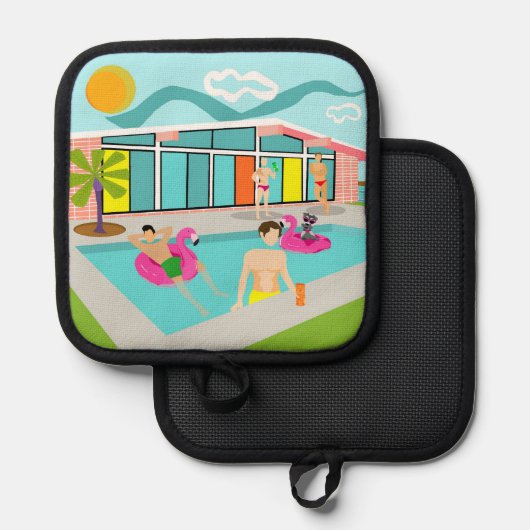 Retro Gay Roze Flamingo Pool Party Pannenlap (Voorkant / Achterkant)