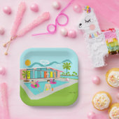 Retro Gay Roze Flamingo Pool Party Papieren Bordje (Feest)