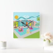 Retro Gay Roze Flamingo Pool Party Vierkante Klok (Huis)