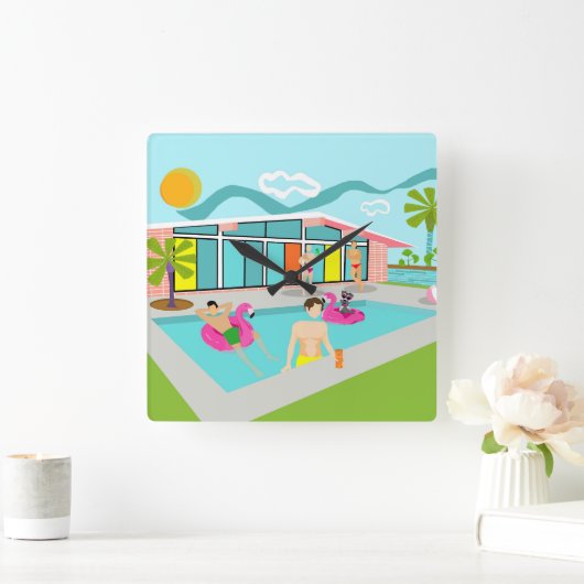 Retro Gay Roze Flamingo Pool Party Vierkante Klok (Huis)