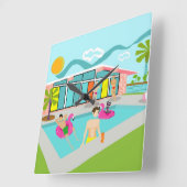 Retro Gay Roze Flamingo Pool Party Vierkante Klok (Hoek)