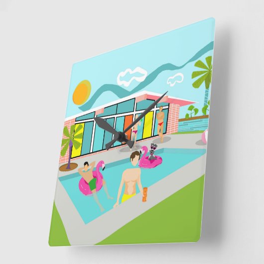 Retro Gay Roze Flamingo Pool Party Vierkante Klok (Hoek)