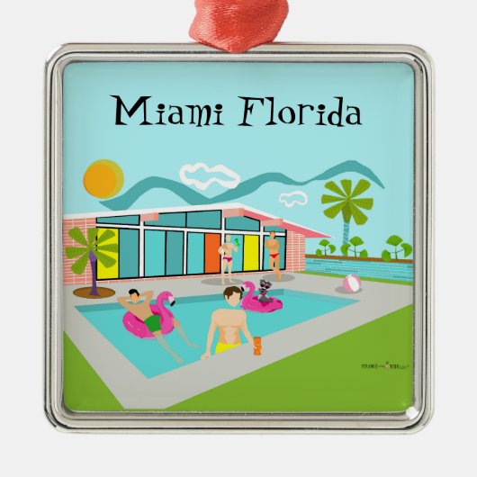 Retro Gay Roze Flamingo Zwembad Party Miami Metalen Ornament (Voorkant)