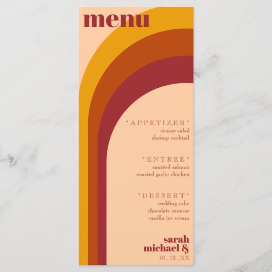 Retro gebogen boog streep bruiloft receptie menu (Voorkant)