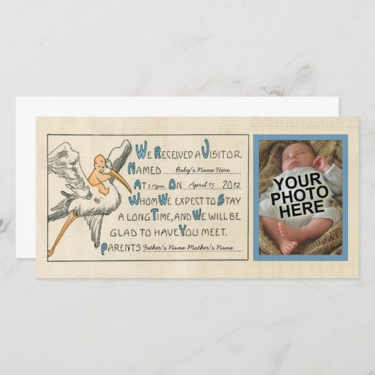 Retro geboorteaankondiging voor babyjongen en ooie aankondiging (Voorkant / Achterkant)