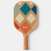 Retro Gecontroleerd beige Blauw Oranje Monogram Pickleball Paddle (Voorkant)