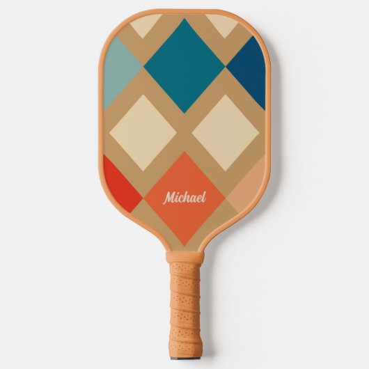 Retro Gecontroleerd beige Blauw Oranje Monogram Pickleball Paddle (Voorkant)
