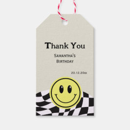 Retro gecontroleerd verjaardagszwart Dank u Cadeaulabel