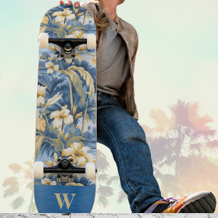 Retro Geel Blauw Bloemmotief & Tropische Palmen In Persoonlijk Skateboard