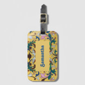 Retro  Geel Bloemen Botanisch Gepersonaliseerd Bagagelabel (Voorkant (verticaal))