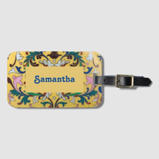 Retro  Geel Bloemen Botanisch Gepersonaliseerd Bagagelabel (Voorkant (horizontaal))