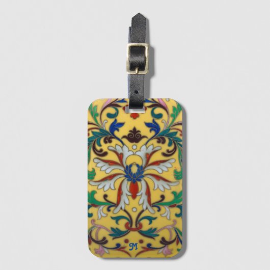 Retro Geel Bloemen Botanisch Monogrammed Bagagelabel (Voorkant (verticaal))