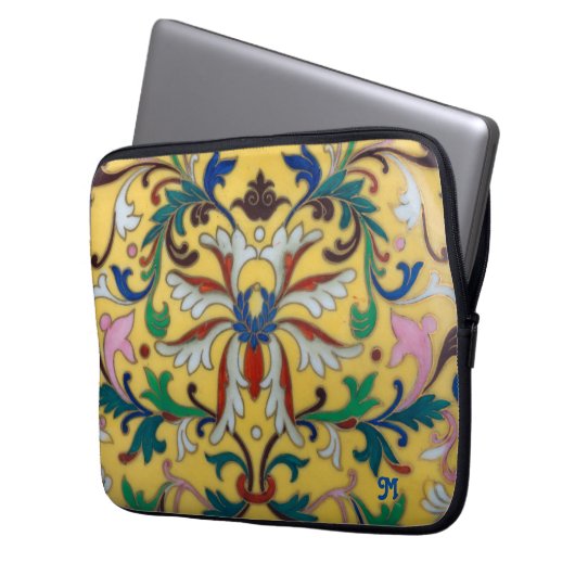 Retro Geel Bloemen Botanisch Monogrammed Laptop Sleeve (Voorkant Links)