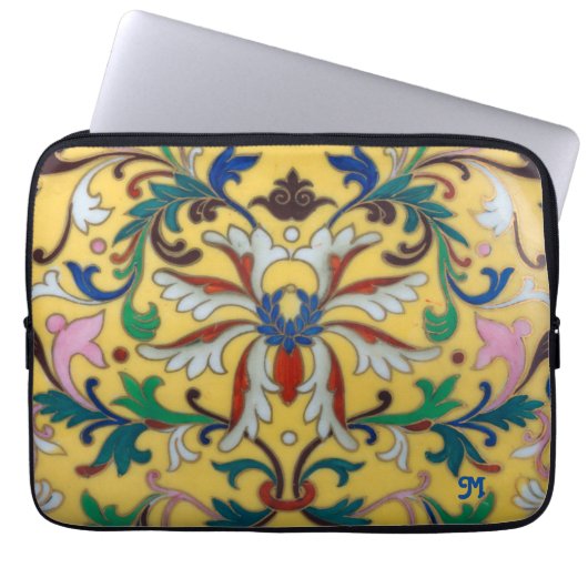 Retro  Geel Bloemen Botanisch Monogrammed Laptop Sleeve (Voorkant)