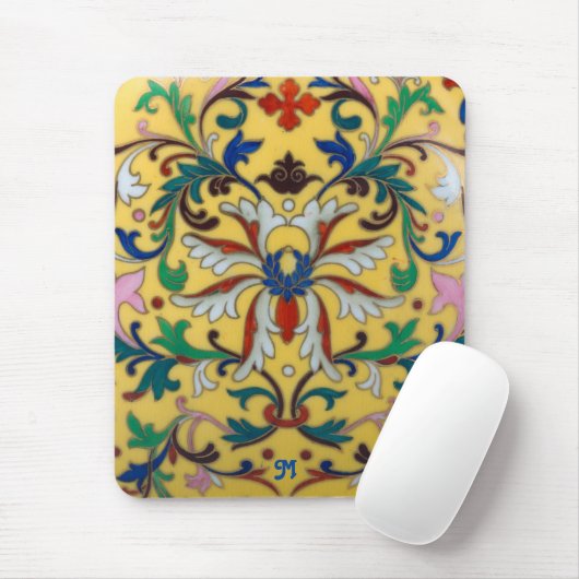 Retro  Geel Bloemen Botanisch Monogrammed Muismat (Met muis)