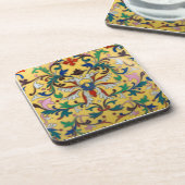 Retro Geel Bloemen Minton Tegel Botanisch Bier Onderzetter (Linkerzijde)