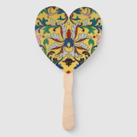 Retro  Geel Bloemen Minton Tegel Botanisch Handwaaier (Voorkant)