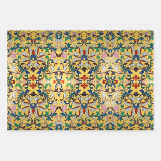 Retro Geel Bloemen Minton Tegel Botanisch Inpakpapier Vel (Voorkant 3)