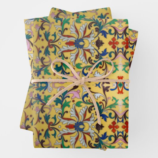 Retro  Geel Bloemen Minton Tegel Botanisch Inpakpapier Vel (In situ)