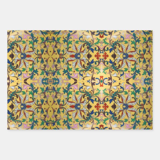 Retro  Geel Bloemen Minton Tegel Botanisch Inpakpapier Vel (Voorkant)