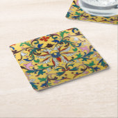 Retro  Geel Bloemen Minton Tegel Botanisch Kartonnen Onderzetters (Schuin)