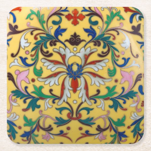 Retro  Geel Bloemen Minton Tegel Botanisch Kartonnen Onderzetters (Voorkant)