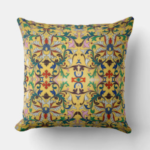 Retro  Geel Bloemen Minton Tegel Botanisch Kussen