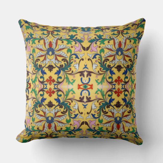 Retro  Geel Bloemen Minton Tegel Botanisch Kussen (Voorkant)
