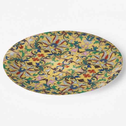 Retro Geel Bloemen Minton Tegel Botanisch Papieren Bordje (Gekanteld)