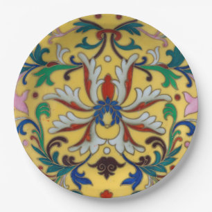 Retro  Geel Bloemen Minton Tegel Botanisch Papieren Bordje