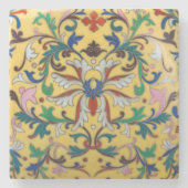 Retro  Geel Bloemen Minton Tegel Botanisch Stenen Onderzetter (Voorkant)