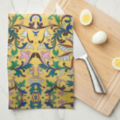 Retro  Geel Bloemen Minton Tegel Botanisch Theedoek (Quarter Fold)