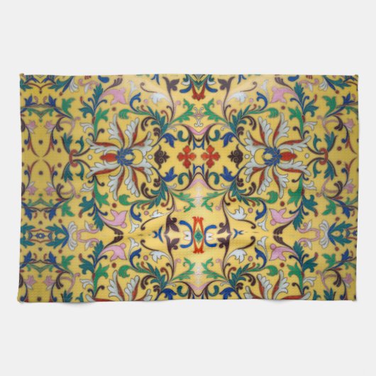 Retro  Geel Bloemen Minton Tegel Botanisch Theedoek (Horizontaal)