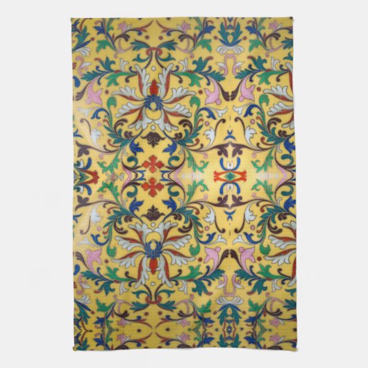 Retro  Geel Bloemen Minton Tegel Botanisch Theedoek (Verticaal)