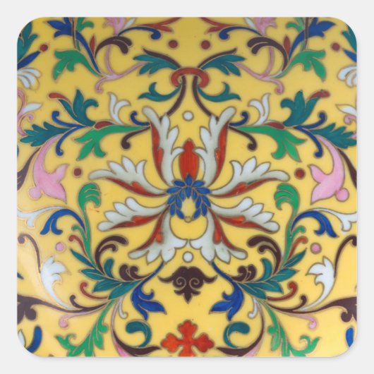 Retro Geel Bloemen Minton Tegel Botanisch Vierkante Sticker (Voorkant)