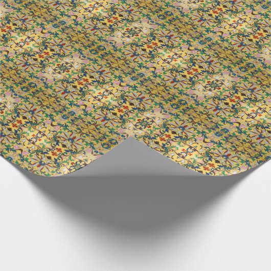 Retro geel bloemig botanisch patroon cadeaupapier (Hoek)