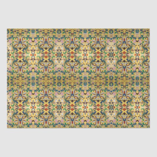 Retro  geel bloemig botanisch patroon tissuepapier (Voorkant)