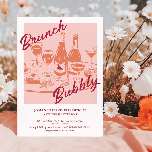 Retro geel "Brunch & Bubbly" Bruidsfeestje Kaart