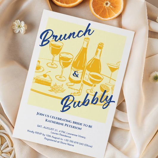 Retro geel “Brunch & Bubbly” Bruidsfeestje Kaart
