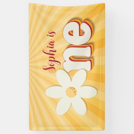 Retro Geel Daisy Eerste Verjaardag Banner | groovy (Verticaal)