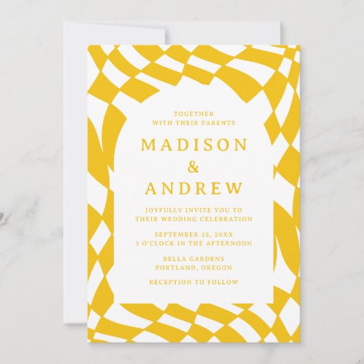 Retro geel dambord bruiloft kaart (Voorkant)