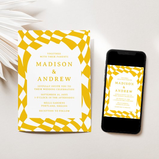 Retro geel dambord bruiloft kaart