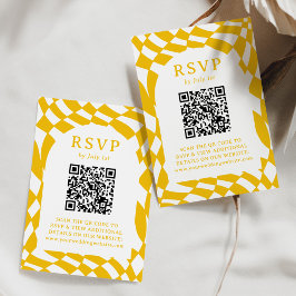 Retro geel dambord QR code bruiloft RSVP Kaartje