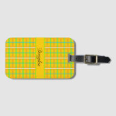 Retro Geel en Blauw Douglas Tartan, op maat Bagagelabel (Voorkant (horizontaal))