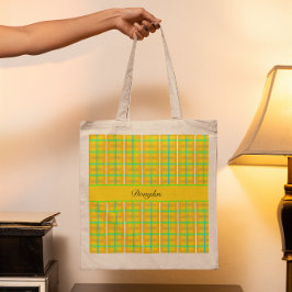 Retro Geel en Blauw Douglas Tartan, op maat Tote Bag
