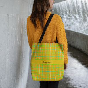 Retro Geel en Blauw Douglas Tartan, op maat Tote Bag
