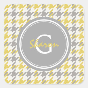 Retro geel en grijs houndstooth geruit patroon vierkante sticker