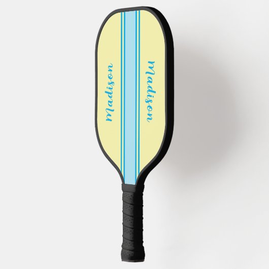 Retro Geel en Hemelsblauw Gestreept - Monogrammed Pickleball Paddle (Links)