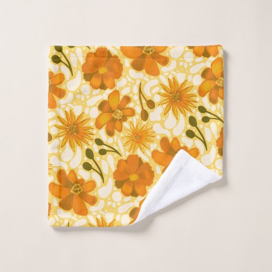 Retro Geel en Sinaasappel Bloemen met 70s Vibes Bad Handdoek (Wasdoekje)